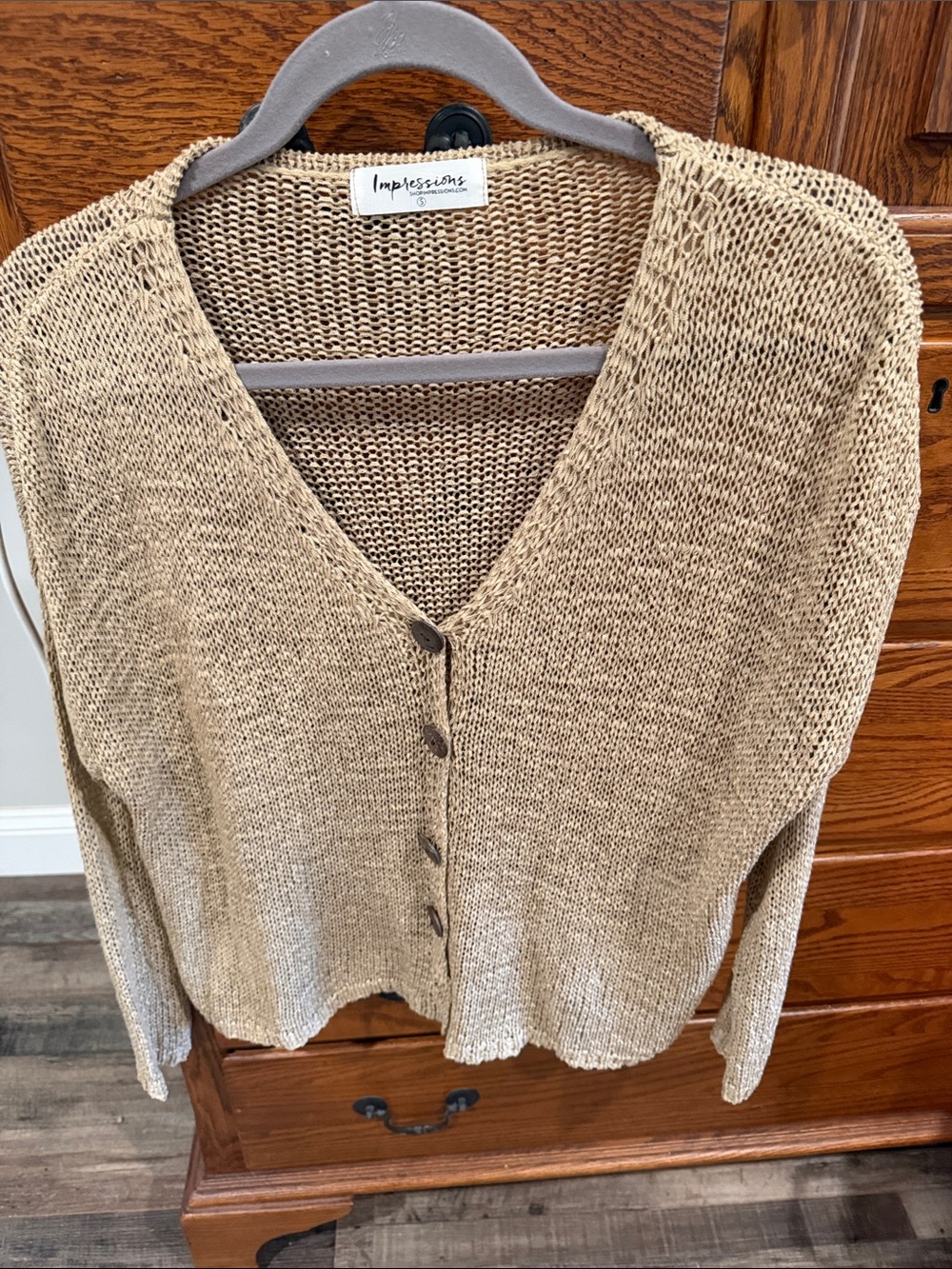 Impressions Beige Open-Knit V-Neck Button Cardigan